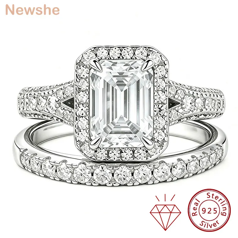 Newshe Women's Stackable VVS1 Moissanite Wedding Ring Set GRA Certified Halo Emerald Cut 925 Sterling Silver Bridal Rings
