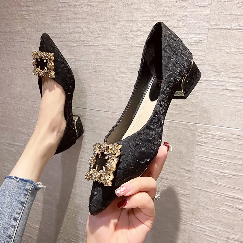 

Zapatos De Mujer 2022 New FashionTemperament Fold Blue French Pointed Shoes Shallow Mouth Rhinestone Mary Jane Thick Heel Shoes