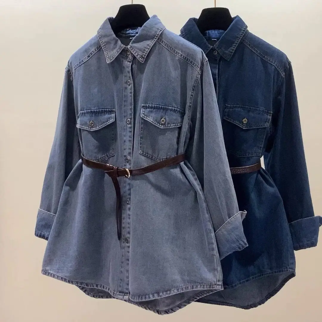 Nieuw lenteontwerp Lange mouw Middellange en lange losse top Shirtjas Temperament Woon-werkverkeer Conventionele jas Denim Retro overhemd