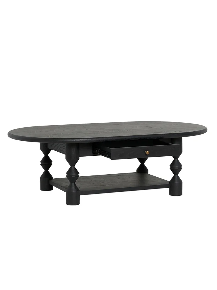 

Living room household solid wood oval drawer storage double layer tea table