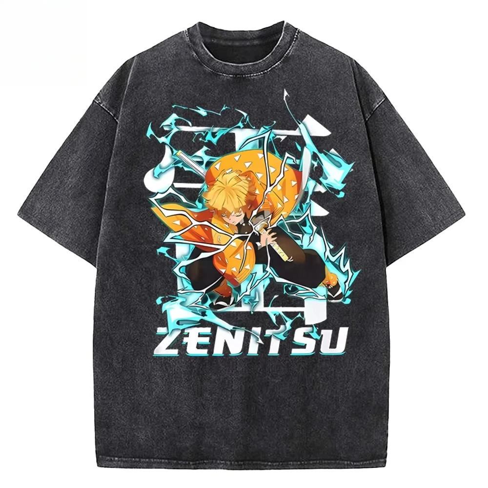 Anime Movie Demon Slayer Infinity Castle Washed T-shirt Men Fashion Vintage Tshirt Summer Casual Cotton T Shirt Top Men Clothing