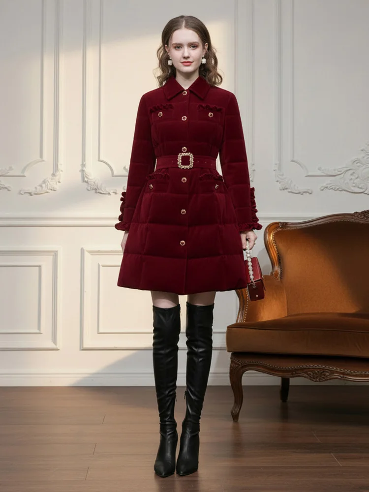 

Новая зимняя женская стеганая куртка из матового бархата с отложным воротником, приталенная, красная, пуховик