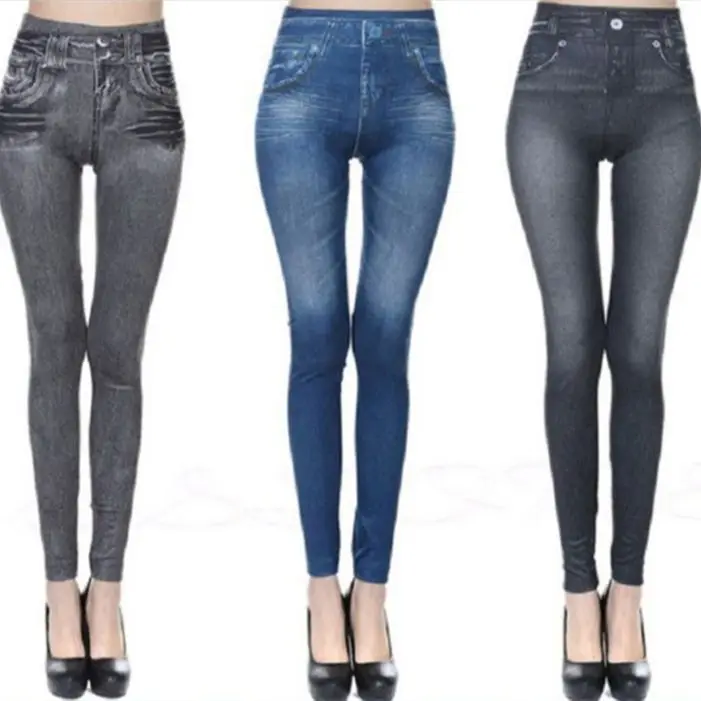 2024 Push Up Seamless High Waist Faux Denim Leggings Women Casual Elastic Pocket Jeans Print Pants Skinny Pencil Leggins Mujer