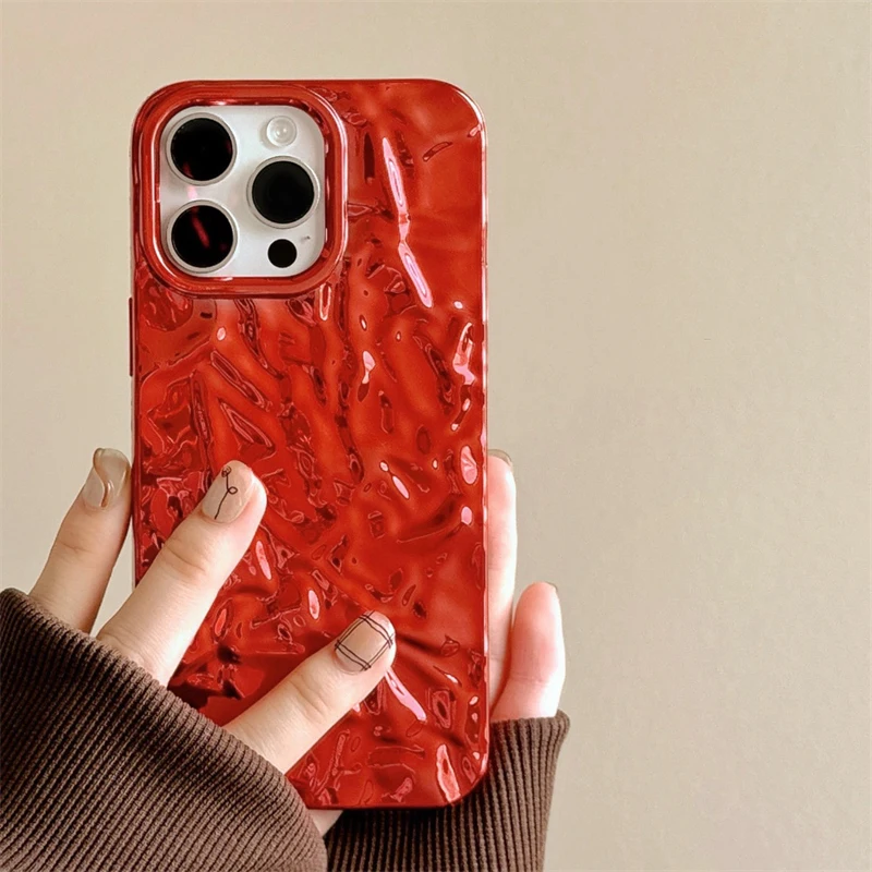 Fashion Shine Metal Red Tin Paper Texture Phone Case For iPhone 16 Pro Max 15 13 14 12 11 Soft TPU Shockproof Back Cover