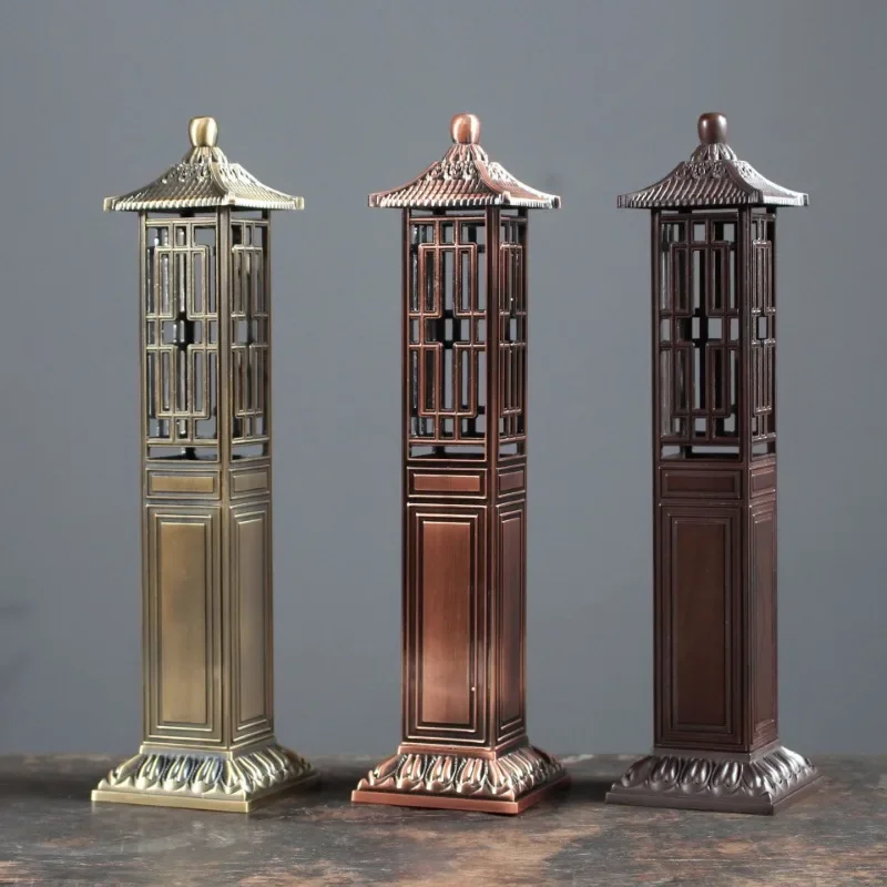 Chinese Classical Copper Censer Vertical Type Creative Pavilion Lotus Heart Sutra Incense Stick Alloy Stove Home Zen Decoration