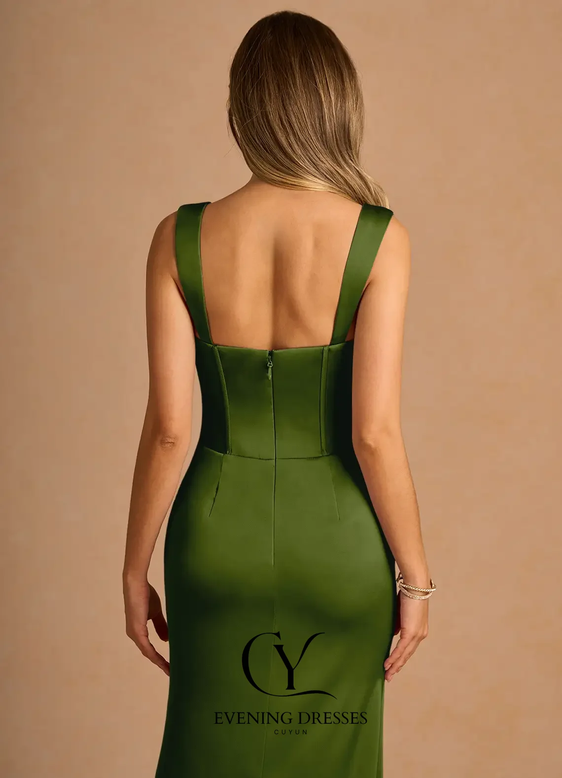 فستان ماكسي نسائي من CUYUN باللون الأخضر الزيتوني فستان سهرة على شكل قلب وأشرطة كتف أنيقة بطول الأرض فساتين حفلات مخصصة