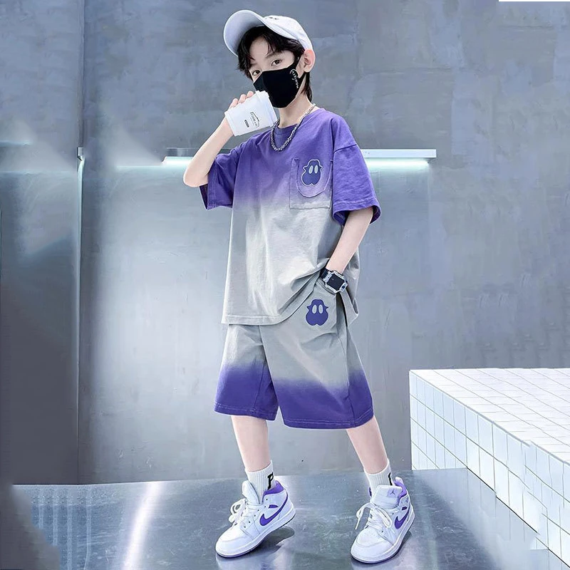 

Boys' Sportswear Set Ice Silk Gradient Cartoon Print Short Sleeved Top Loose Shorts Fashionable Children's Sports Two-piece Set