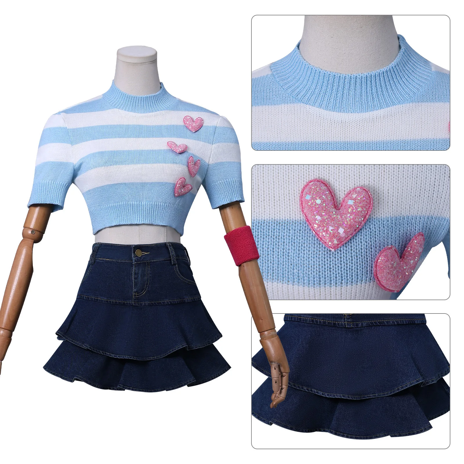 

Синий полосатый свитер с рисунком феи для косплея, винтажные джинсовые мини-юбки, женский костюм, наряд для ролевых игр Bloom, костюм аниме