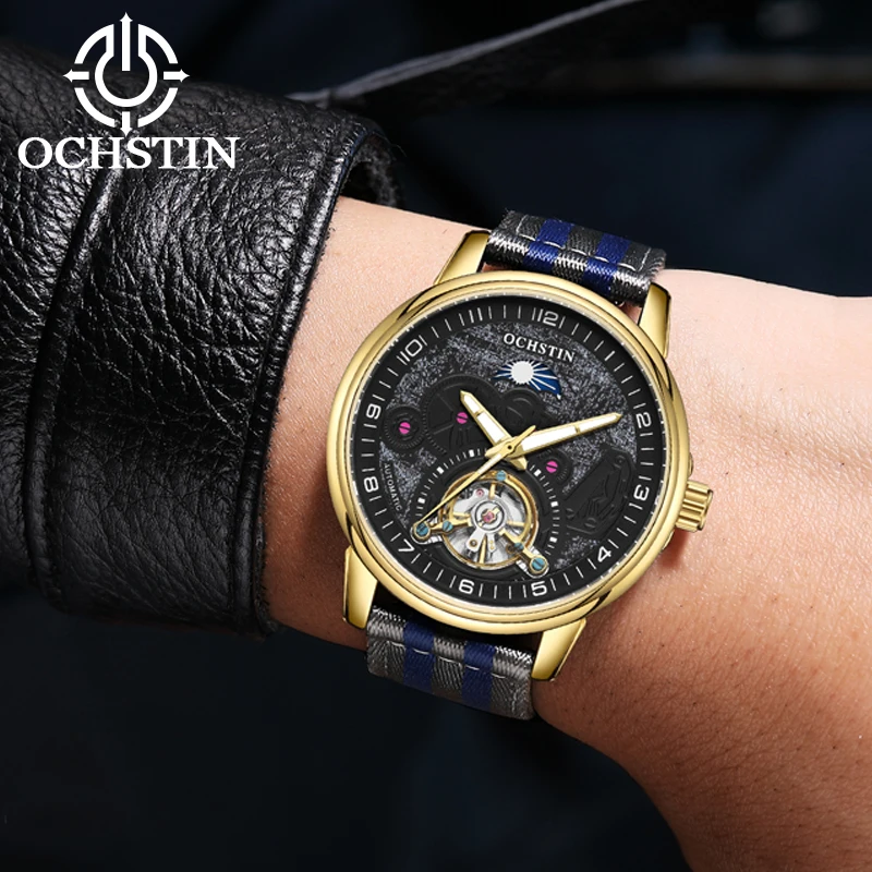 Мужские механические наручные часы OCHSTIN Tourbillon серии Commander, спортивно-повседневные часы с высококачественным нейлоновым ремешком.