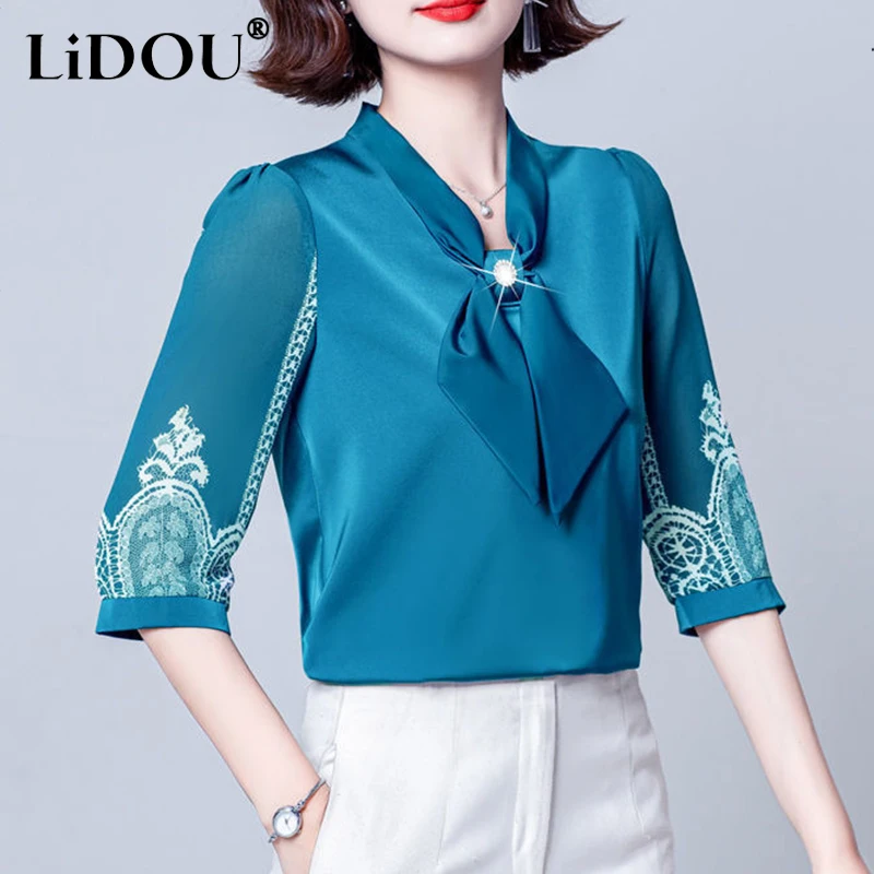 Spring Autumn Elegant Fashion Korean Shirt Women Solid Color Seven-quarter Sleeve Lady Blouse Tops Aesthetic Chic Female Clothes