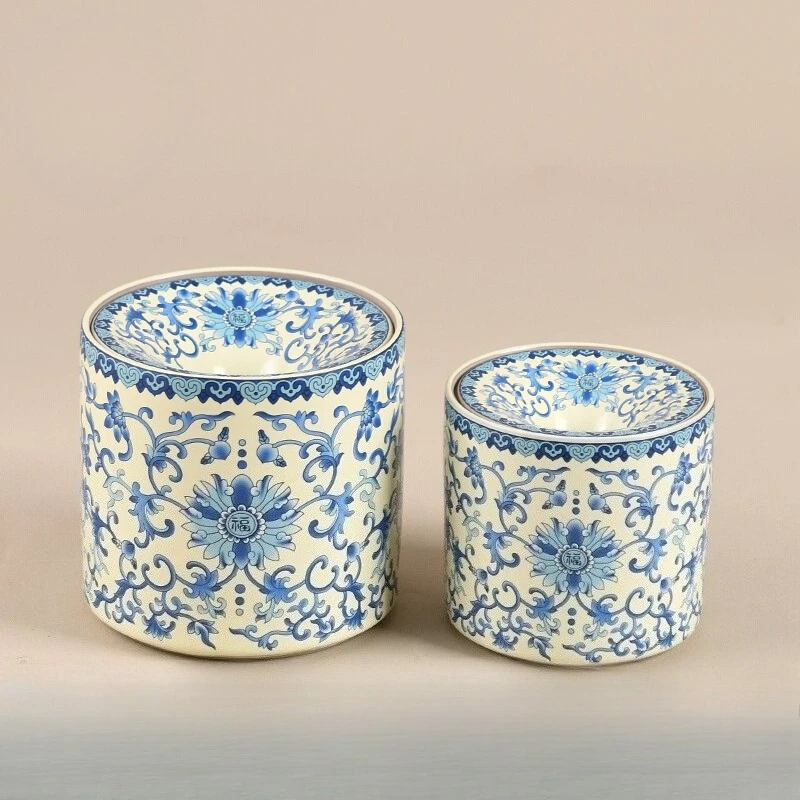 Blue and White Ru Kiln Wrapped Lotus Ashtray with Cover Fly Ash Proof Ashtray Ceramic Tea Residue Jar Tea Ceremony Accessories