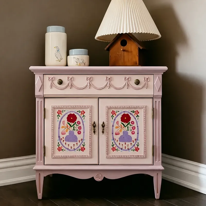 Classical Solid Wood Painted Locker Pink Princess Dressing Cabinet Antique Bedroom Bedside Storage Cabinet for Porch