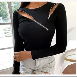 2024 Autumn And Winter Solid Color New Sexy Long Sleeve T-shirt Off Shoulder Zipper Slim Bottomed Women's Top