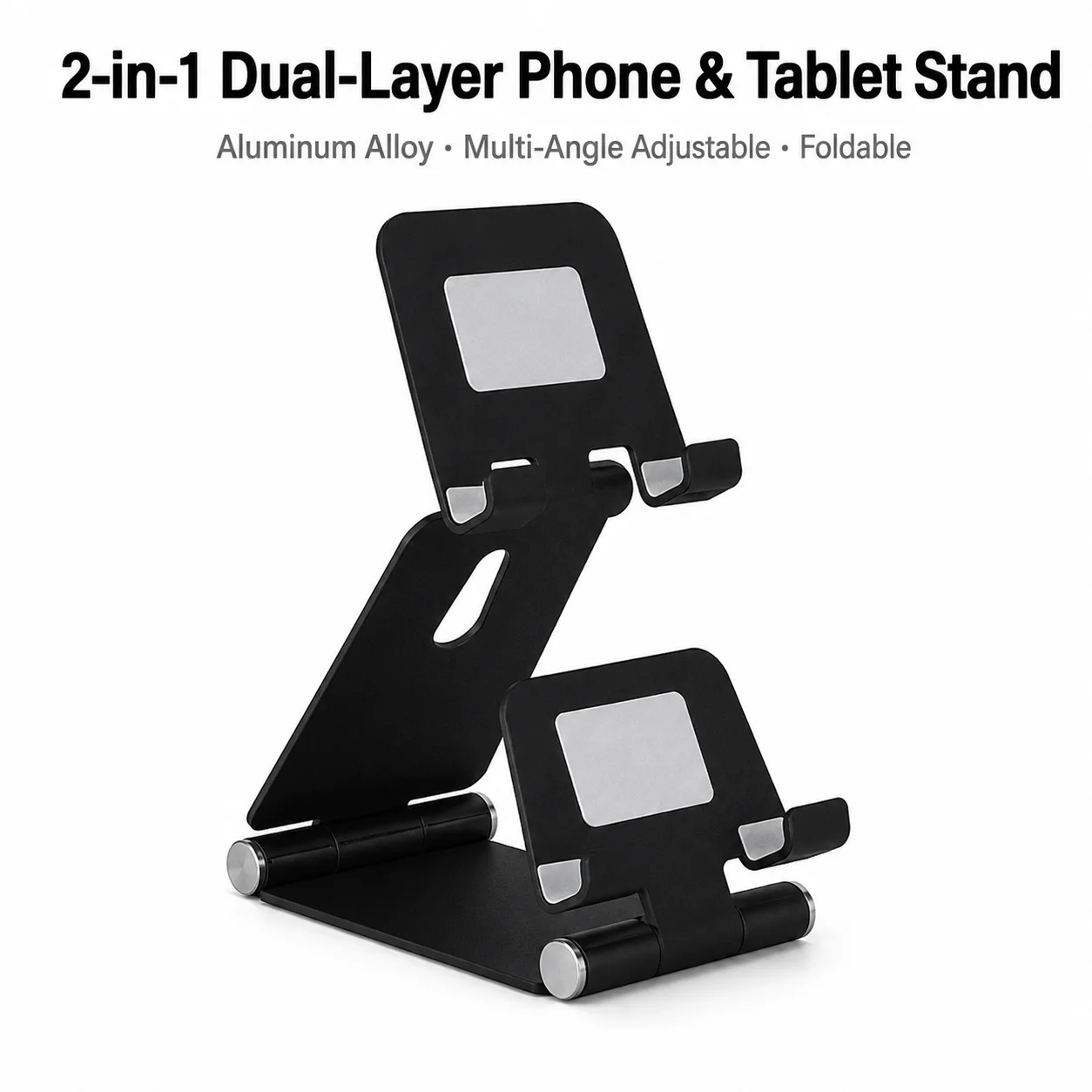 2-in-1 Dual Layer Foldable Aluminum Phone Tablet Stand, Multi-Angle Adjust Desk Holder for iPad iPhone Android Devices