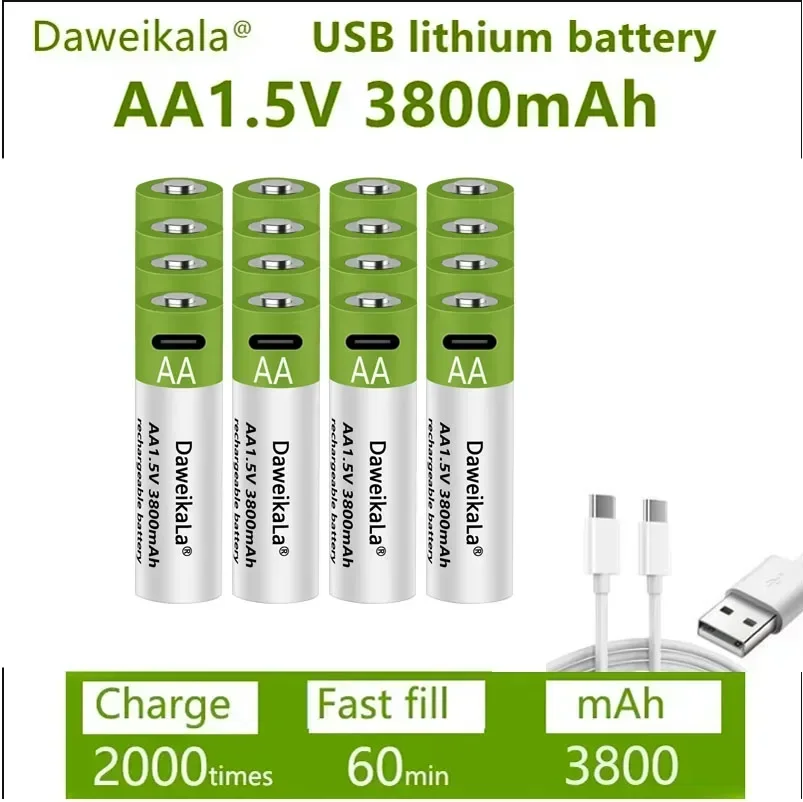 Fast charging 1.5 V rechargeable battery AA1.5V 3800 MAH lithium battery replacement LED flashlight, camera, keyboard and mouse