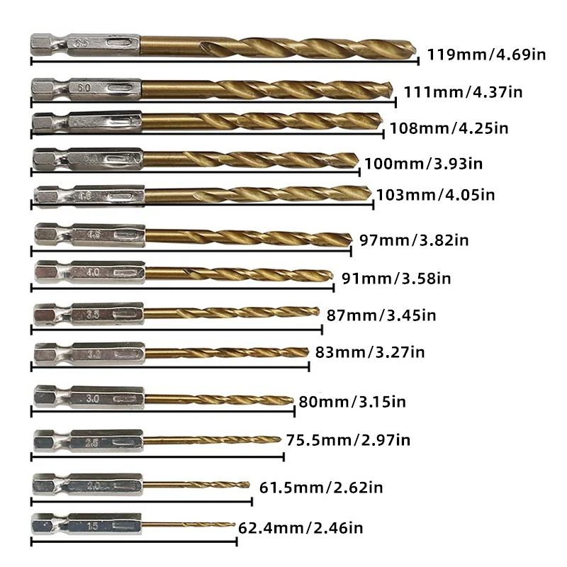 Set di punte da trapano rivestite in titanio in acciaio ad alta velocità HSS di qualità 13 pezzi 1/4 codolo esagonale 1.5mm-6.5mm trapano elicoidale con impugnatura esagonale