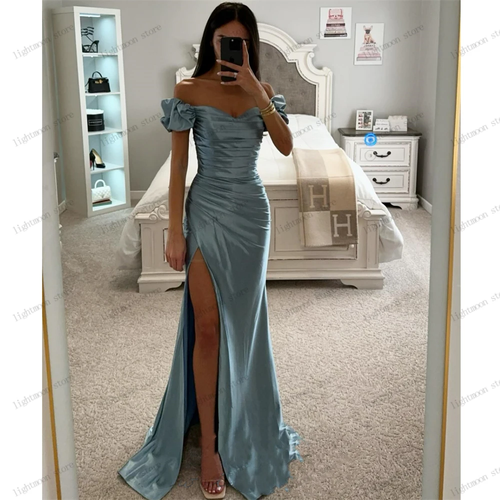 Vintage Avondjurken Satijnen Schede Prom Jurk Van De Schouder Gewaden Voor Formele Partij Elegante Sexy Hoge Split Vestidos De Gala