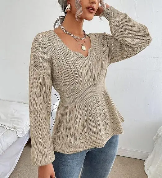 Women's New V-neck, Autumn and Winter Waistband, Slim Fit, Long Sleeved Knitwear Pullover Sweater Sexy, Elegant Fashion Top