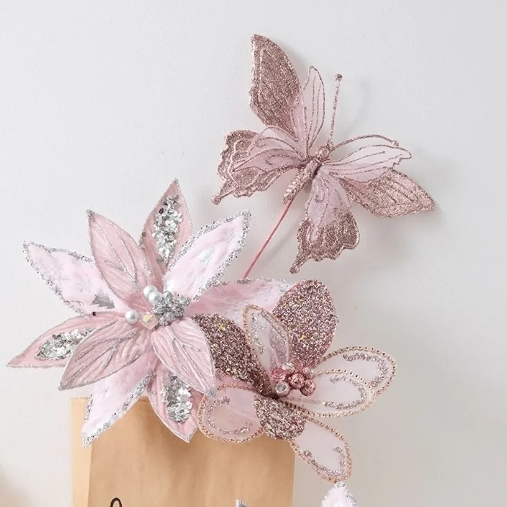 كبير بريق عيد الميلاد البونسيتة زهرة الترتر مقلد زهرة عيد الميلاد الاصطناعية اليدوية الحرفية واقعية #4