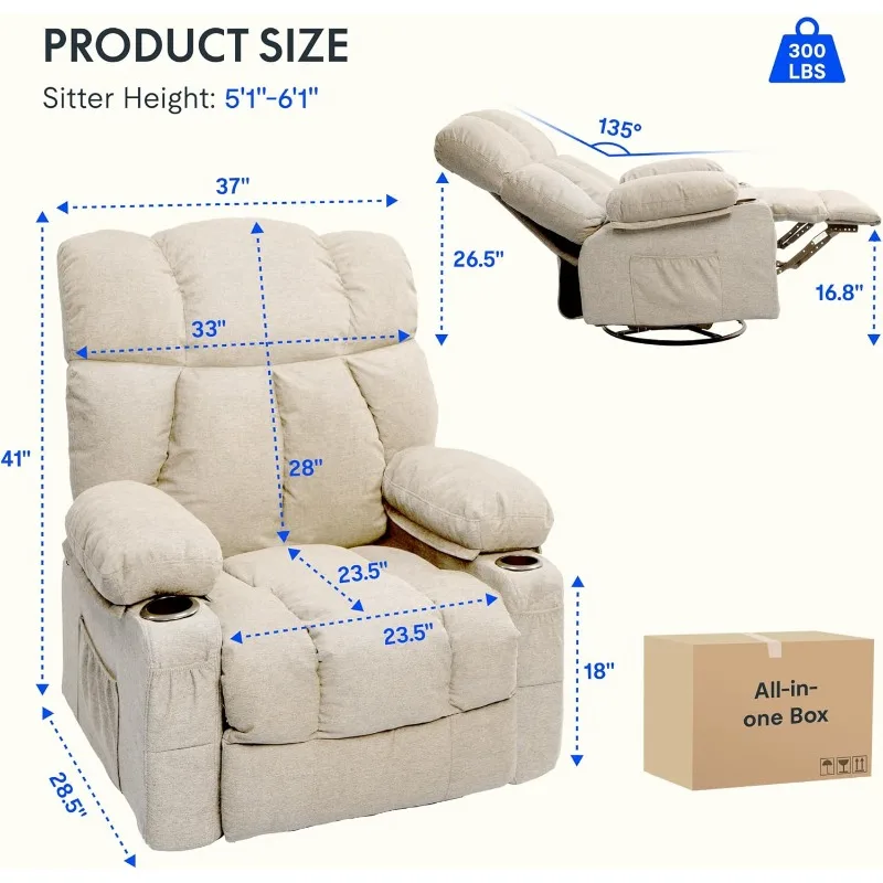 Rocker Recliner Chair for Adults W/Massage & Heat, 360° Swivel Recliner Chair W/Cup Holders, USB Port