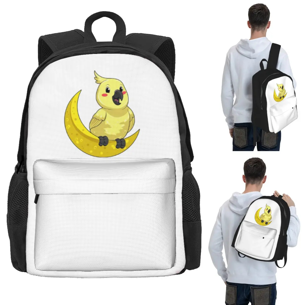 Cockatoo Cockatiel Parrot With Moon Student Backpack School Bag Hiking Travel Daypack for Boys Girls Bookbag Shoulder Bags