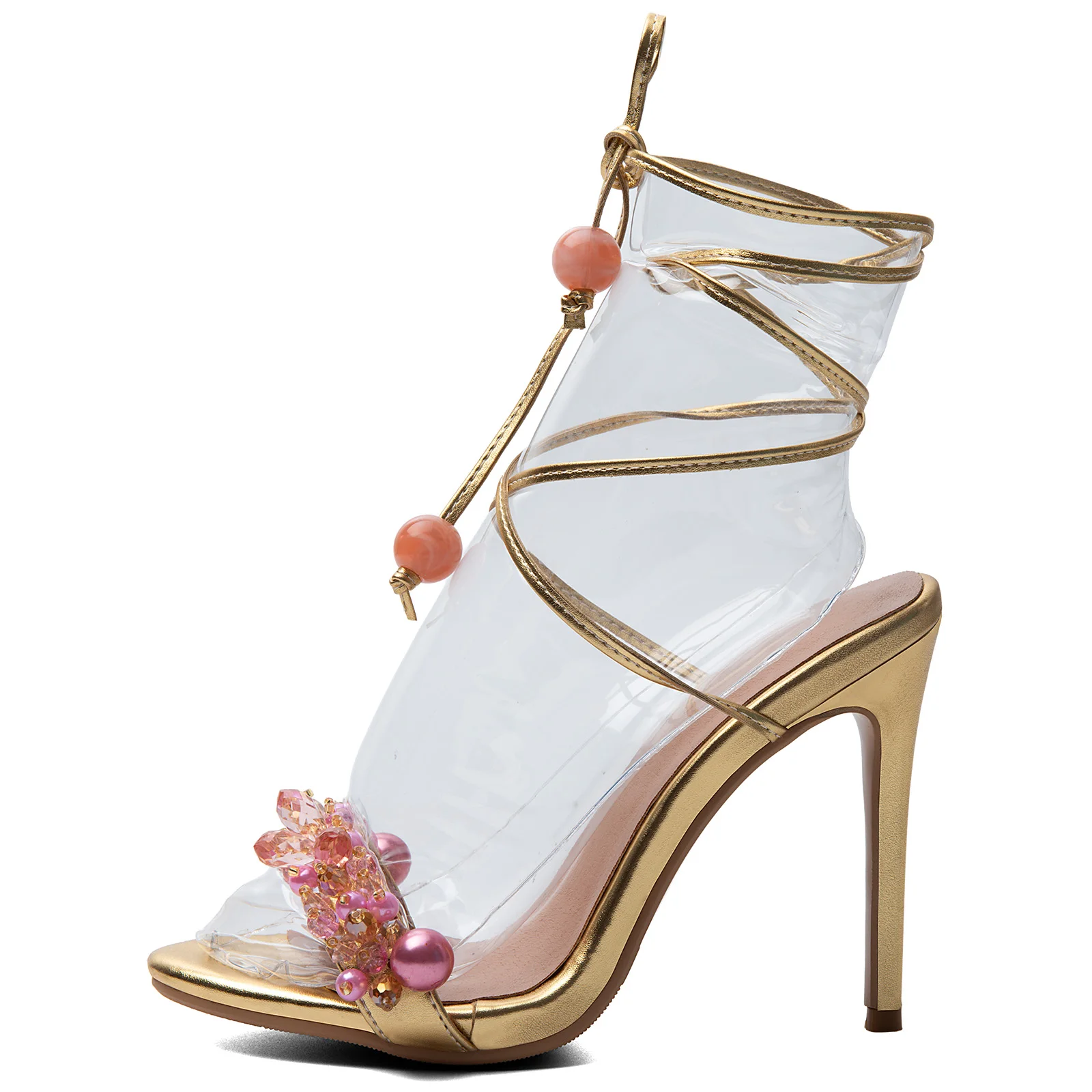 Pink Beads Rhinestone Embellished Lace Up Sandals Women Open Toe Stiletto High Heels Ankle Strap Wedding Party Dress Shoes