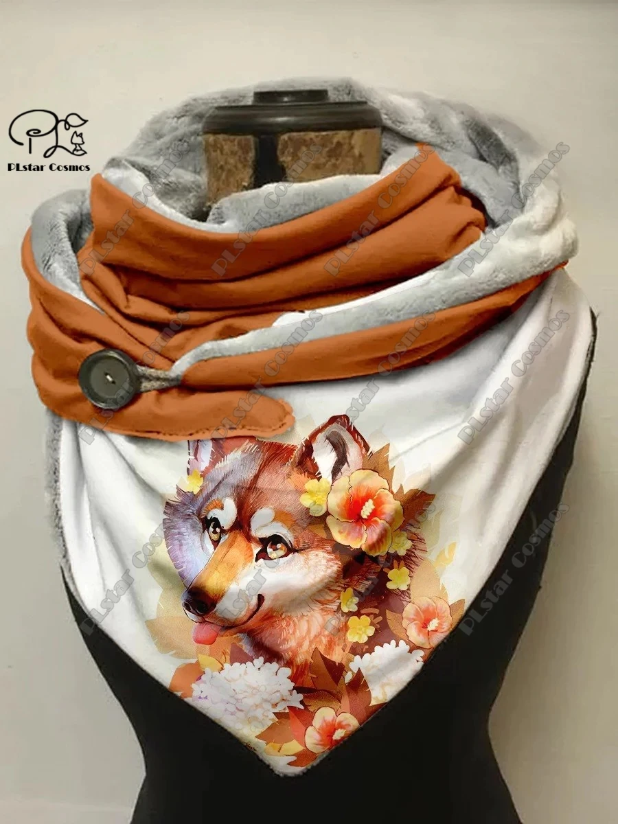 3D printing animal series cute fox fallen leaves snowflake pattern women\'s warm shawl spring and winter small triangle scarf H-3