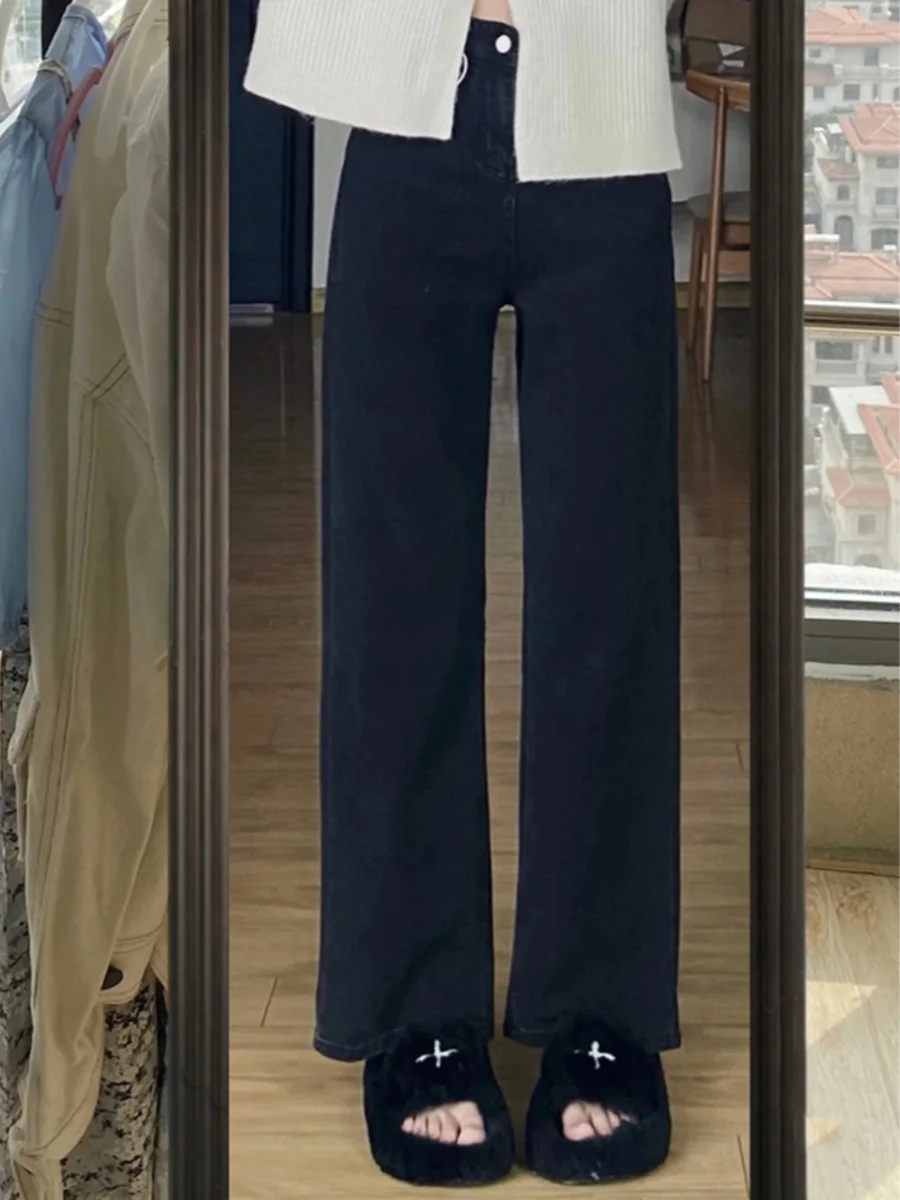 plus Size High Waist Loose Fit Denim Pants Bla Wide Leg Straight Cut Trousers for Women Full Coverage Hip Concealing