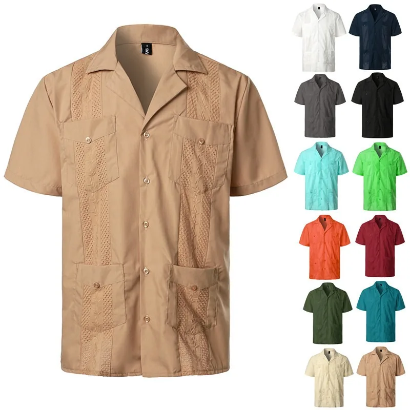 Camisa de Verano para Hombre, Bordada, de Manga Corta, con Cuello Solapa, Talla Grande, Estilo Guayabera Cubana, con 4 Bolsillos, Estilo Safari, Informal, Tipo Cárdigan