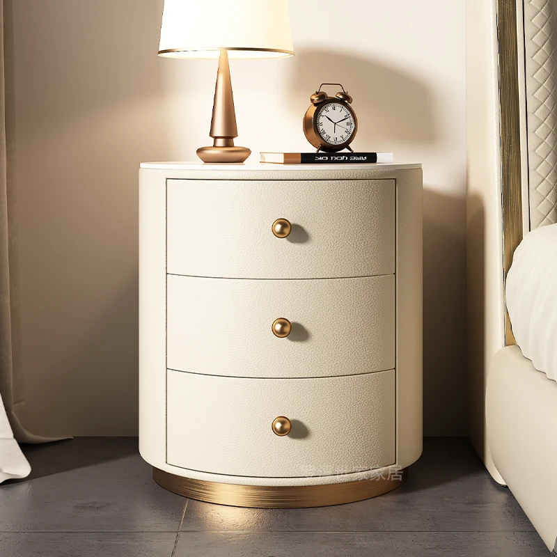 Light luxury solid wood beside table with three-drawers modern simple small leather round nightstand for bedroom bedside rack