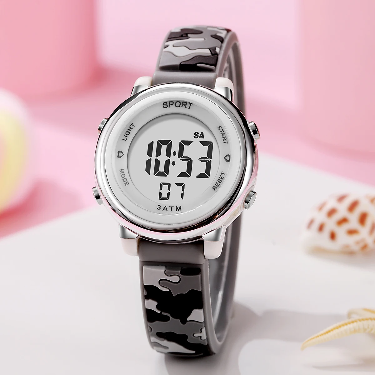 Orologio elettronico per bambini con cinturino in silicone con motivo mimetico di tendenza alla moda, adatto per l'uso quotidiano, regali di Natale