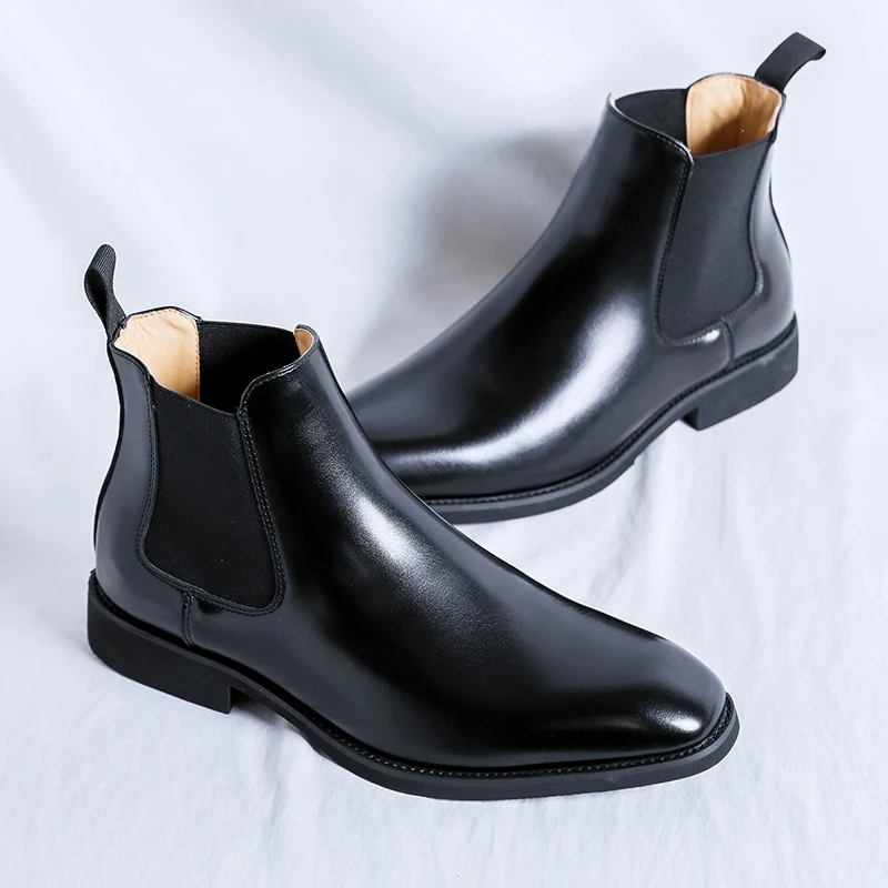 Autumn/Winter Black/Coffee Genuine Leather Pointed Toe High-top Bullock Oxford Dress Shoes For Men Ankle Business Chelsea Boots