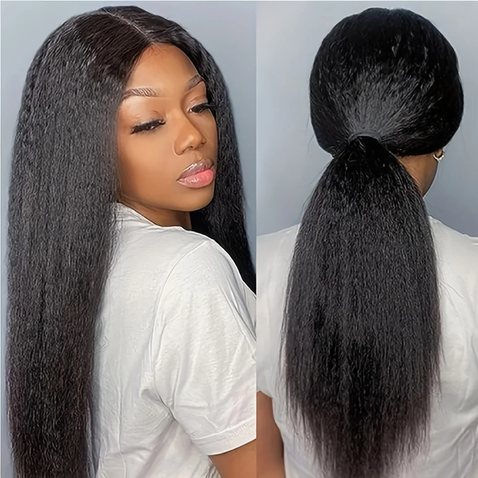 

250% Density 5x5 Lace Front Human Hair Wig - 13x4 Kinky Straight Yaki Texture, Transparent Forehead Closure, Pre-Trimmed Natural