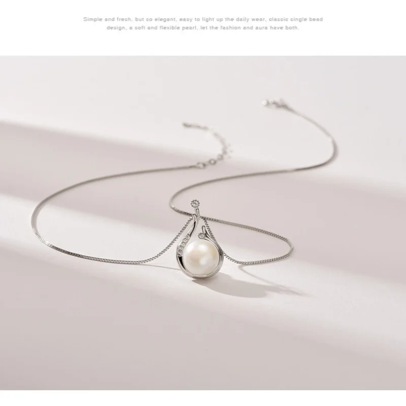 French style simple style natural fresh water pearl drop type diamond pendant s925 sterling silver necklace female