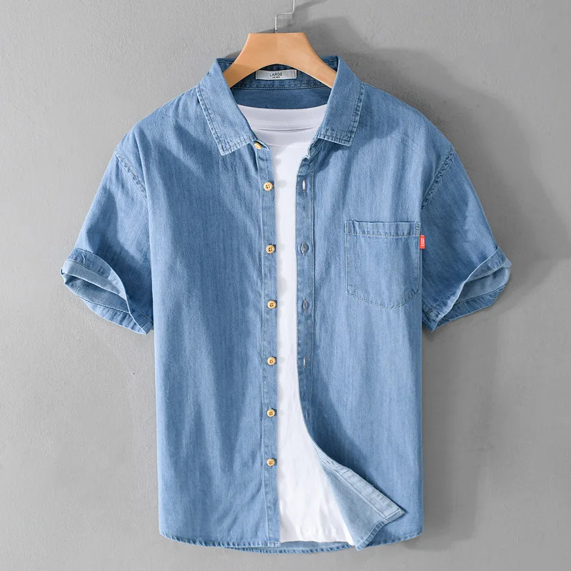 Summer Fashion 100% Cotton Solid Color Short Sleeve Denim Shirt Men's Classic Versatile Blue Loose Casual Simple Basic Tops