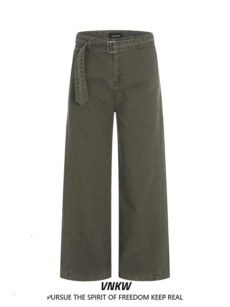 

American Retro Military een Patchwork Belt Deconstructed Design Workwear Straight Leg Pants Loose Wide Leg Casual Trousers