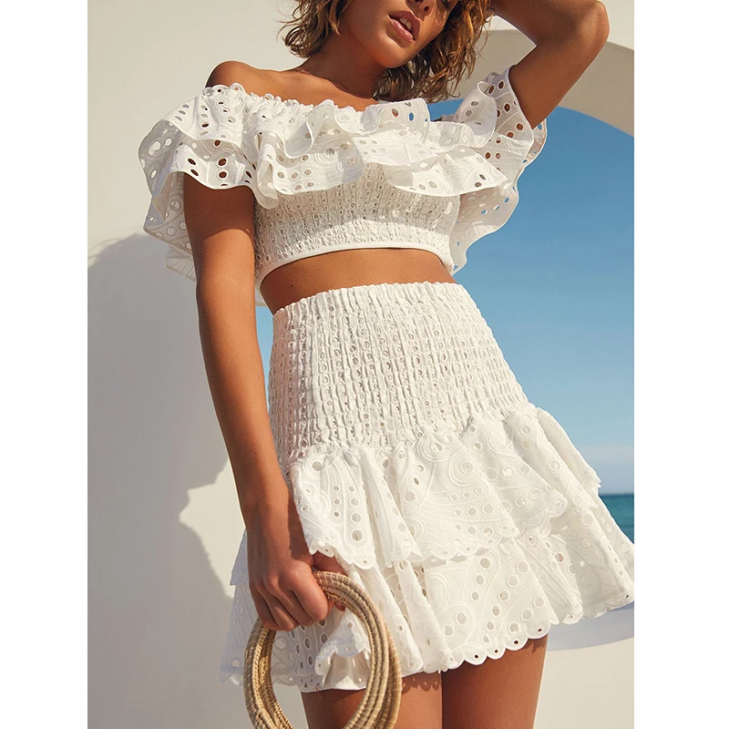 Women Hollow Out Skirt Two Pieces Set Short Off-the-shoulder Short Sleeve Cropped Tops Sets Summer Elastic Waist Skirt Sets