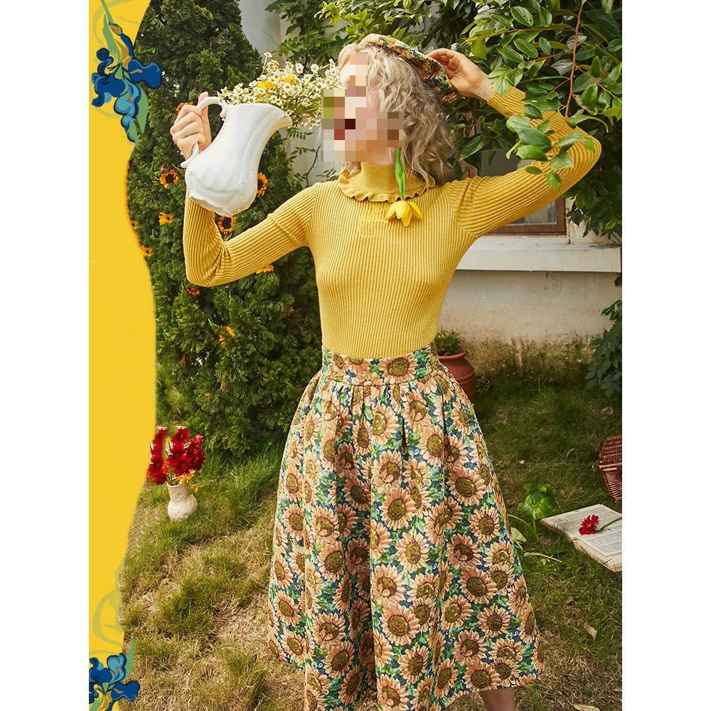 Wedbleser Van Gogh Vintage Umbrella Opens Woman 2025 Autumn New Retro Sunflower Jacquard High Waisted Skirts