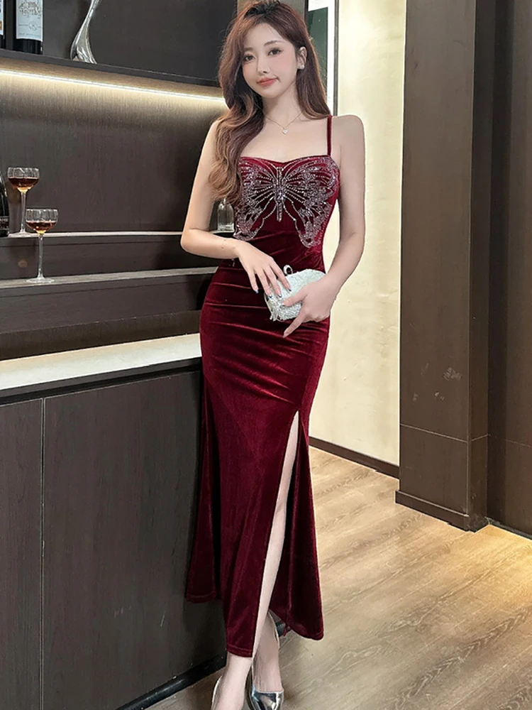 Women Red Velvet Diamonds Butterfly Square Collar Sling Dress 2025 Korean Vintage Luxury Evening Dress Autumn Elegant Prom Dress