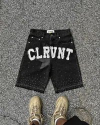 2024 American New Trend Hip-Hop Retro Letter Patch Baggy Denim Shorts Men Y2K Harajuku Gothic Black Casual Street Sports Shorts