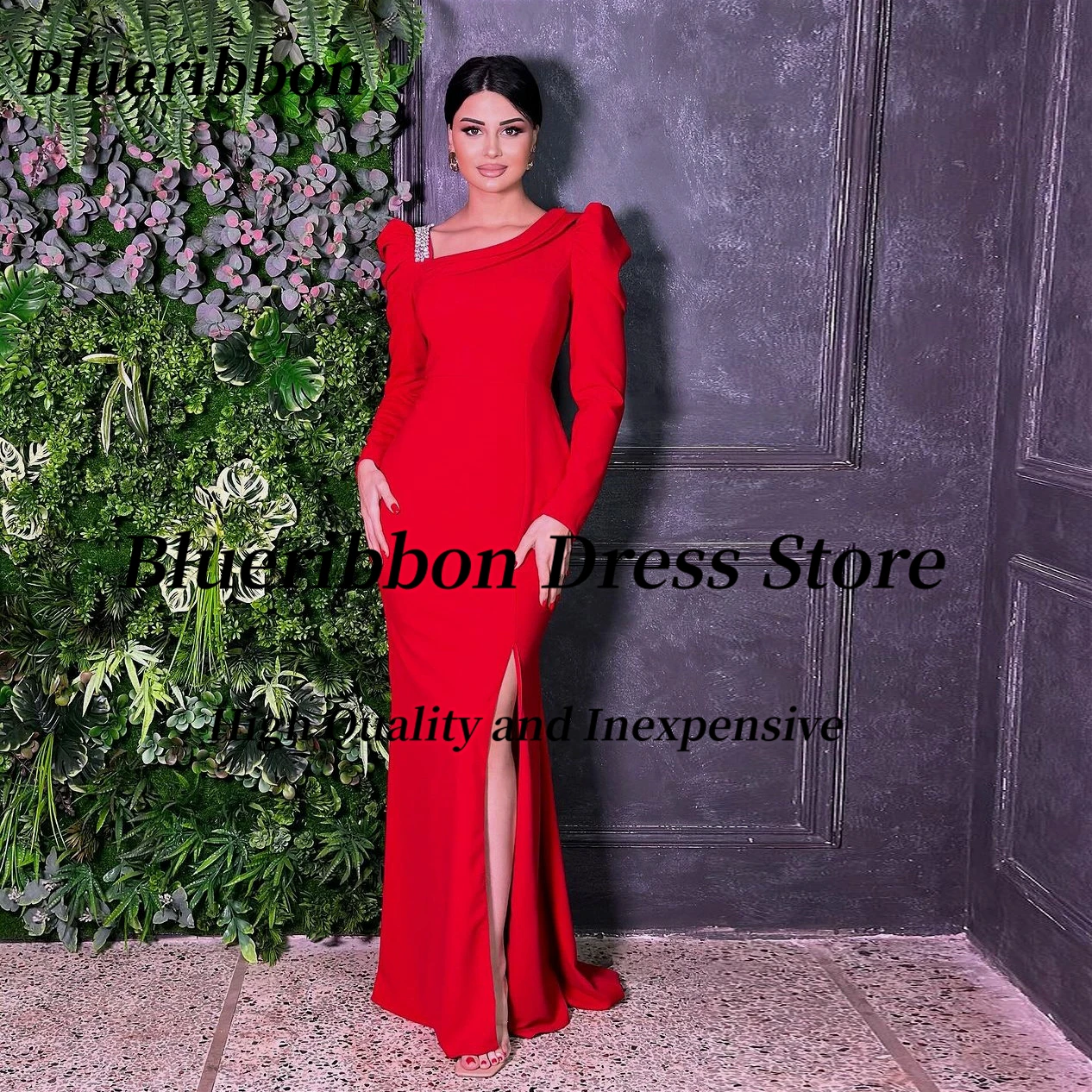 

Blueribbon Red Prom Dresses Mermaid Side Slit Evening Gowns Long Sleeves Beaded Neckline Saudi Arabia Formal Party Dress