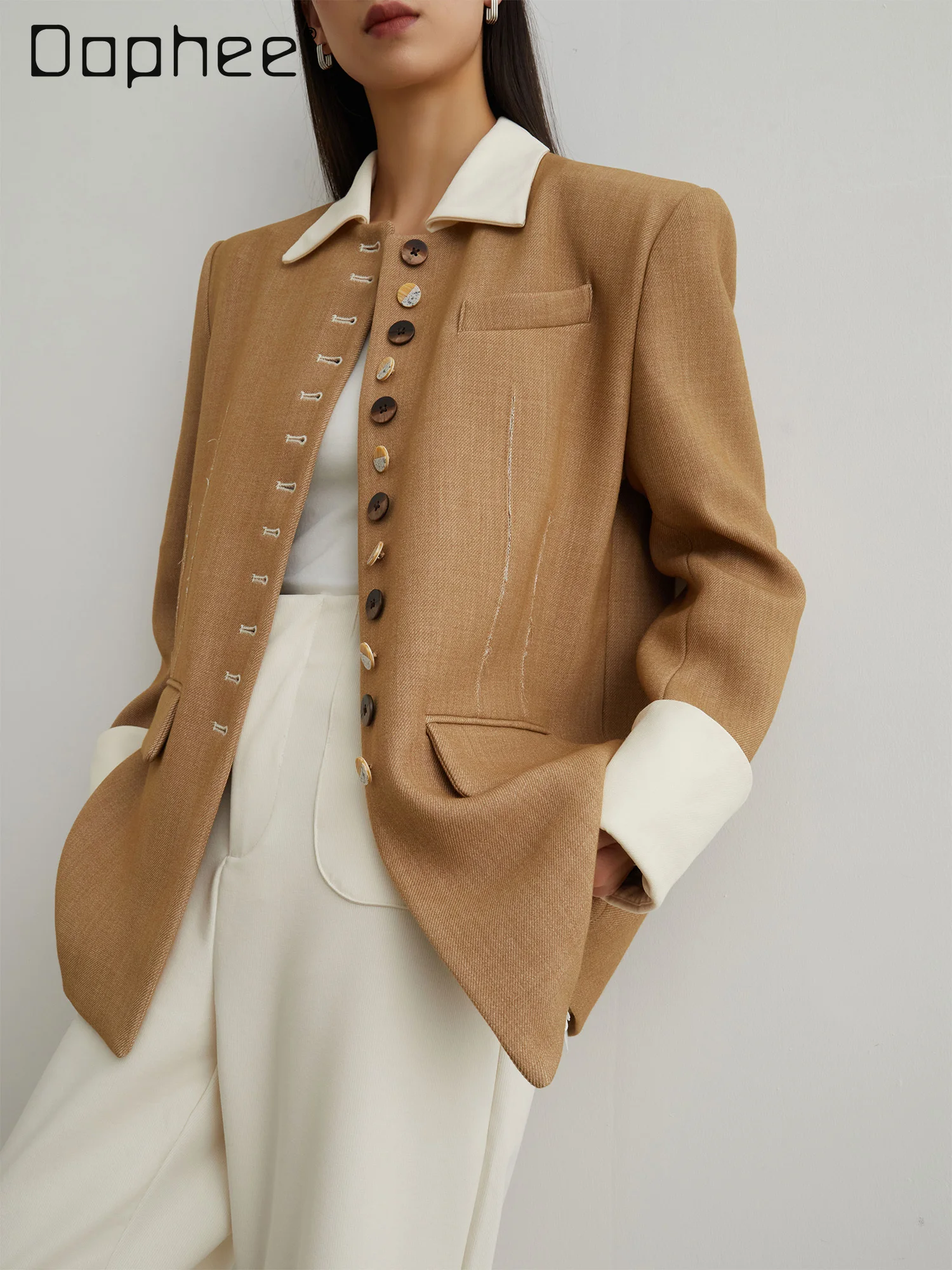 High End Blazer Women Loose Splicing POLO Collar Commuter Casual Single-breasted Jacket Fashion Temperament Long-sleeved Coat