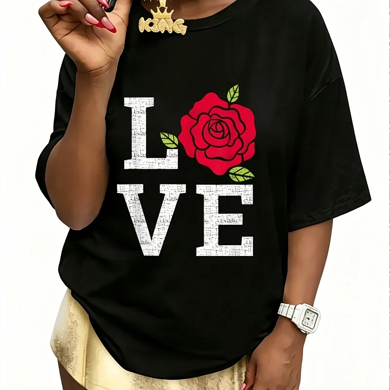Red Love Rose Blossom Flower with Leaves Gardening Graphic Women's 100% Cotton T-Shirt Fun Print Short Sleeve Top Casual Round Neck Tee S-5Xl