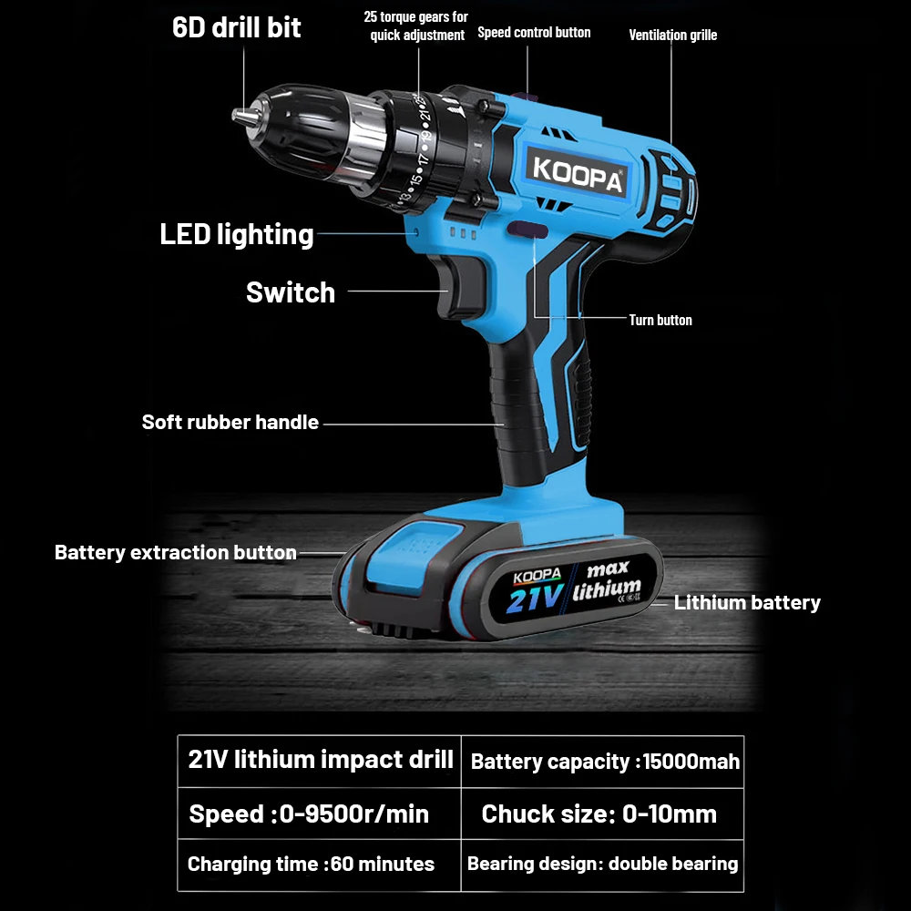 Koopa Tool 21V Portable Cordless Impact Drill Driver Screwdriver 2 Variable Speed 25+3 Torque Setting with battery and Drill set