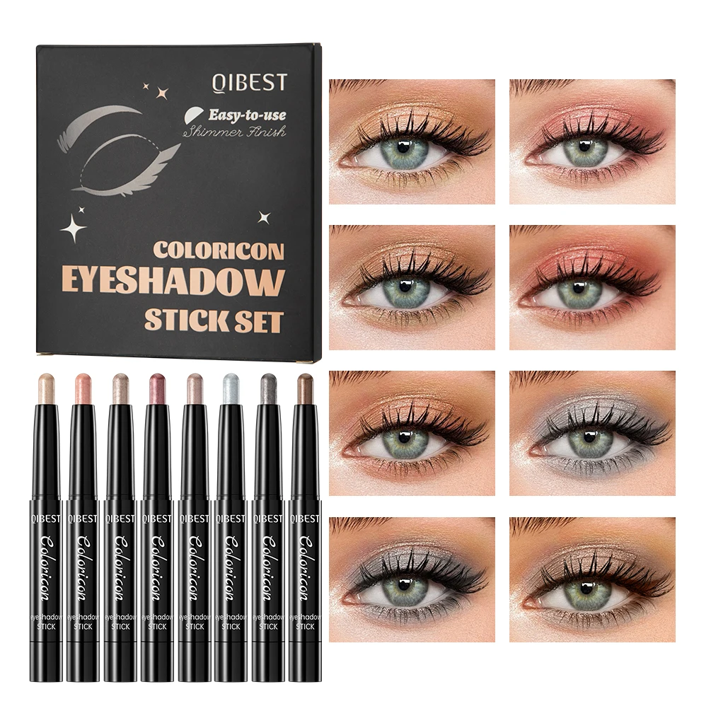 QIBEST 8 Colors Eye Shadow Stick Makeup Sets Shimmer Glitter Dimensional Natural Without Taking Off Eyeshadow Cosmetics Kits