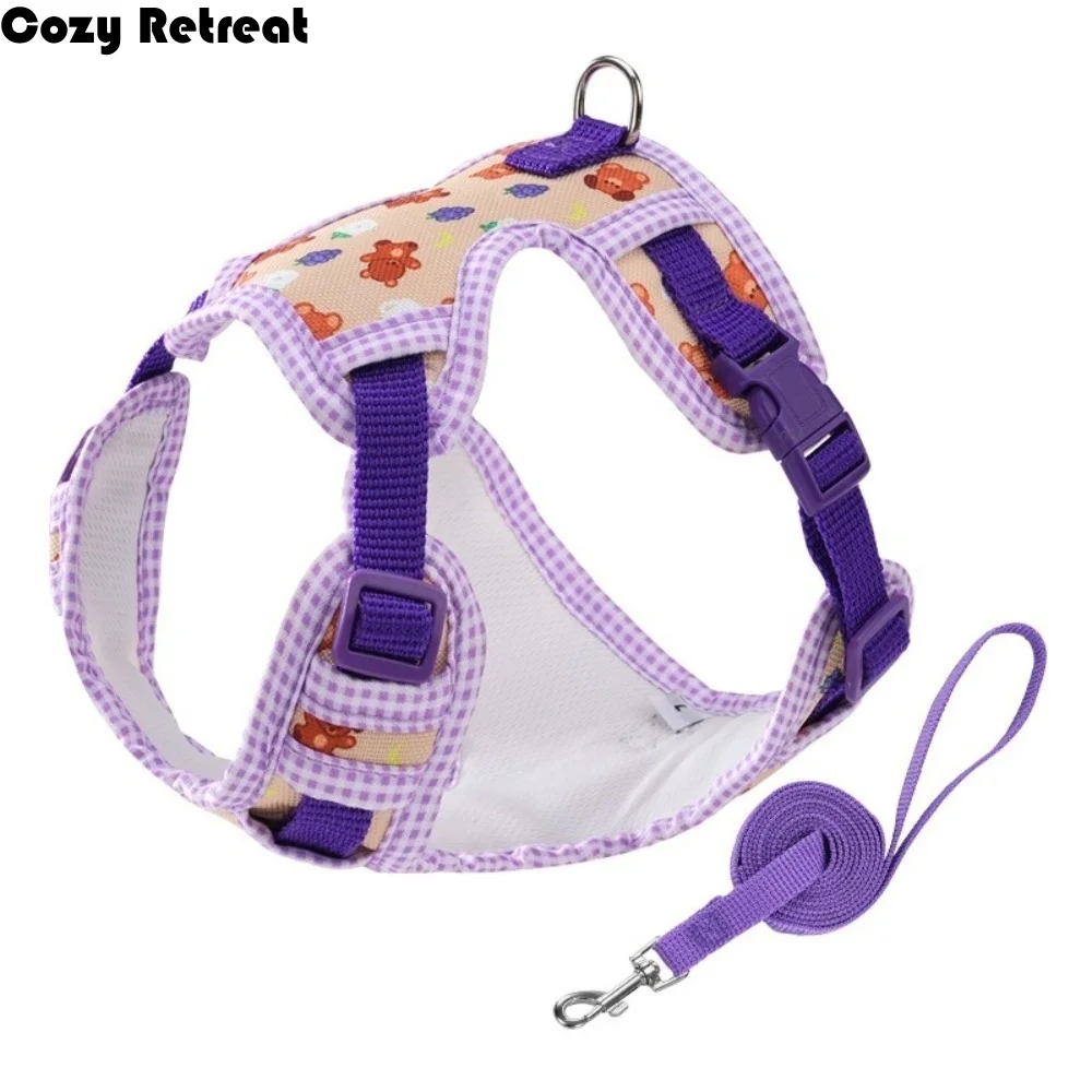 

Регулируемый комплект шлейки и поводка для собак с мультяшным рисунком, защита от побега, дышащий, удобный жилет-шлейка, поводок для прогулок, для ежедневного использования