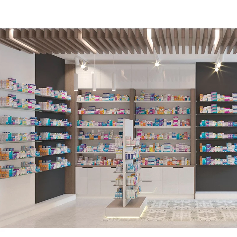 Customized-Pharmacy Shop Interior Design Service Wooden Medicione Shop Display Racks MDF Wood Pharmacy Shelves Farmacia