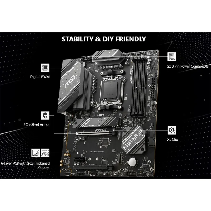 معالج AMD Ryzen 5 7600X CPU مع اللوحة الأم للألعاب MSI B650 Gaming Plus WiFi (AM5، ATX، DDR5، PCIe 4.0، Wi-Fi 6E)