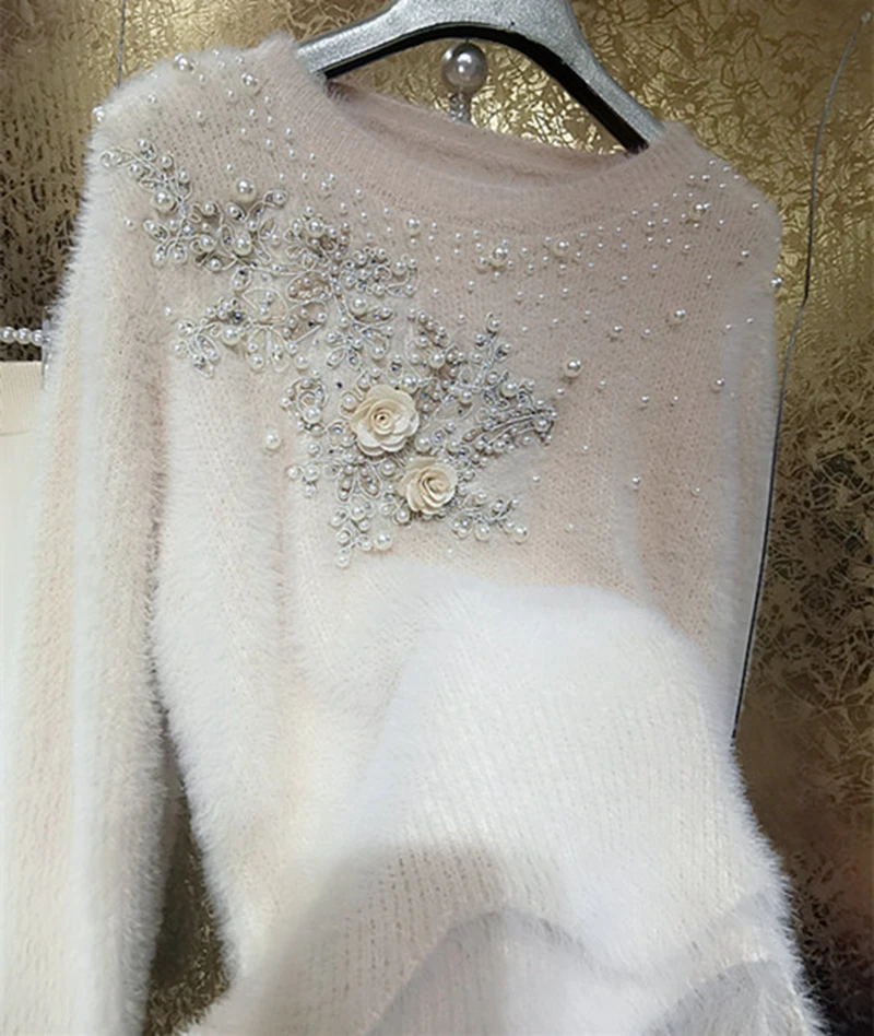 Luxury Style Sparking 3D Floral Embroidery Diamonds Beaded Mohair Short Sweater Faux Fur Knitted Pullovers Mink Cashmere Top