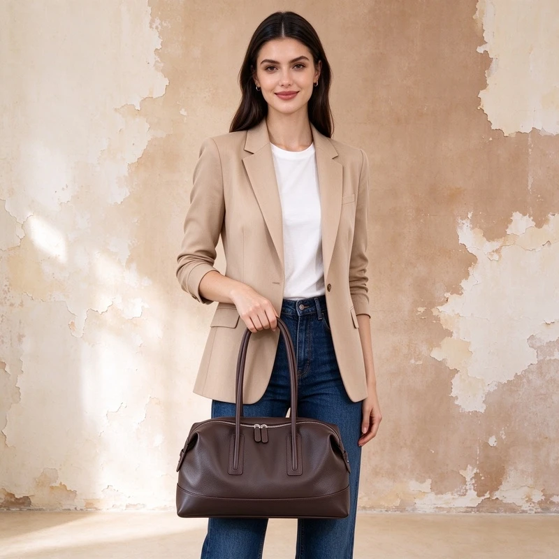 Women's First Layer Cowhide Large Capacity Carry Handbag Zipper Closure Handheld High-end Premium Feel All-match Crossbody Bag